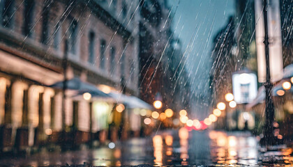 Raindrops falling to the ground. Blurred night city with light on background.