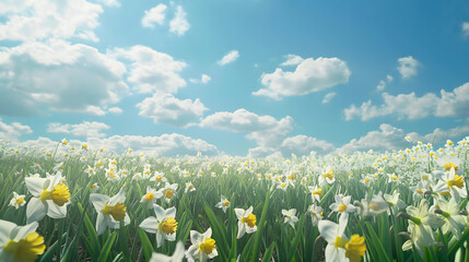 Serene Daffodil Field under Blue Sky with Fluffy Clouds