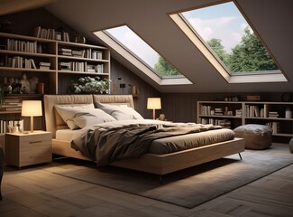 bright bedroom with a white bed, wooden dresser, skylights, plants, and string lights. The white bed invites you to curl up and relax, while the wooden dresser