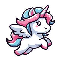 Fototapeta premium Cute unicorn cartoon character vector illustration, happy adorable magic unicorn with rainbow mane and tail design template isolated on white background