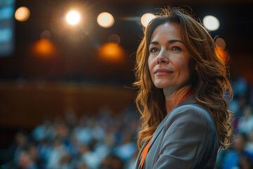 Businesswoman delivering a keynote address at a conference standing on stage with confidence