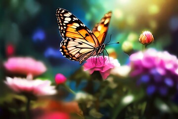 Fototapeta na wymiar A butterfly on a flower with a blurred background with Ai generated. 