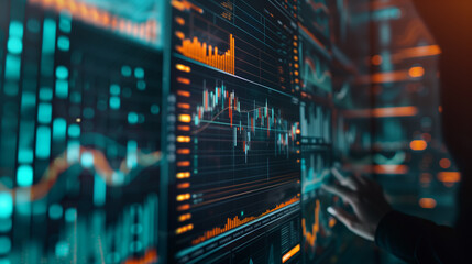Fototapeta premium A person interacts with a sophisticated financial display, analyzing complex data through dynamic charts and graphs in a high-tech environment.