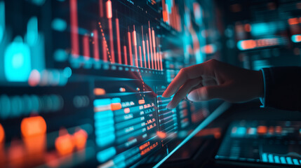 A person interacts with a sophisticated financial display, analyzing complex data through dynamic charts and graphs in a high-tech environment.