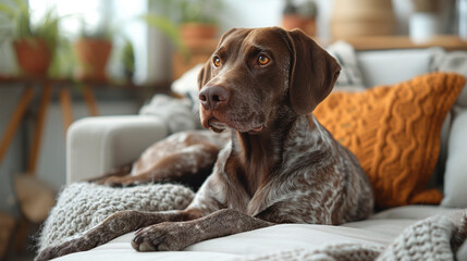 Favorite pet dog lies on the sofa in the living room. Pet care.