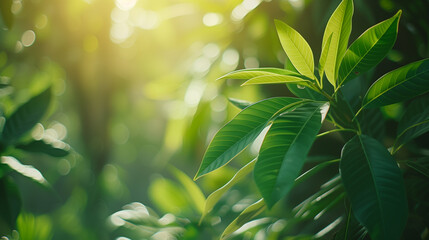 Close up of vibrant green leaves basking in the sunlight, with a soft focus background of lush foliage. - obrazy, fototapety, plakaty