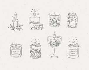 Candles with branches and leaves collection drawing on light background