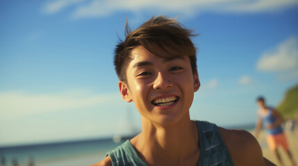 a young asian teenage happily enjoying himself on a sunny beach during a warm day.