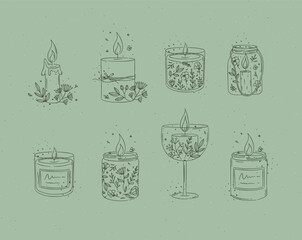 Candles with branches and leaves collection drawing on green background - 748112715