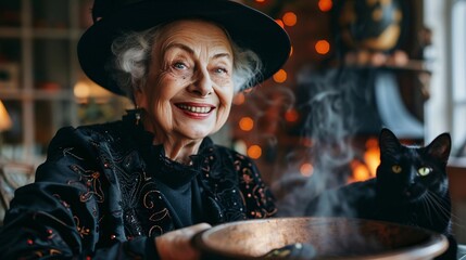 Elderly woman smiling and dressed as a glamorous witch with a bubbling cauldron