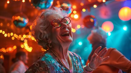 A senior woman smiling and dancing as she sings along to her favorite song during a karaoke session