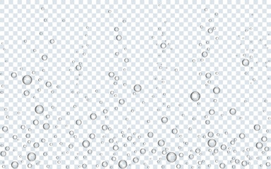 Bubbles water. Underwater sparks on transparent background. Realistic sparkling water. Fizzy air template. Oxygen bubbles effect. Aquarium or soda pop. Vector illustration