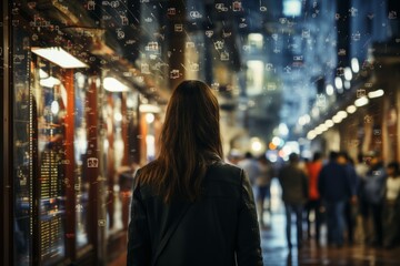Surveillance camera of a crowd of people walking along busy city streets. Face recognition big data comprehensive analysis interface, scanning and displaying information