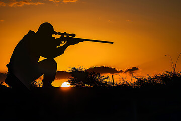 Silhouette of a shooter in a crouching position, aiming at a distant target.