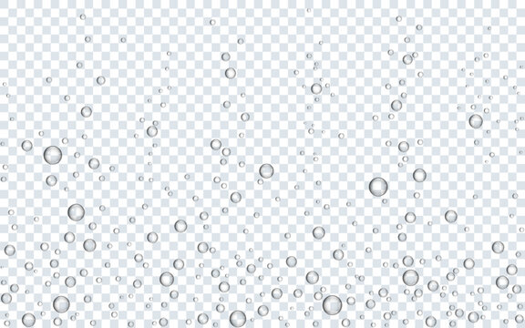 Bubbles water. Underwater sparks on transparent background. Realistic sparkling water. Fizzy air template. Oxygen bubbles effect. Aquarium or soda pop. Vector illustration