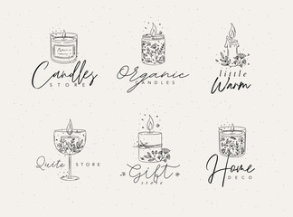 Candles with branches and leaves label collection drawing on light background