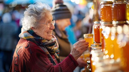 Senior woman sampling organic honey at a bustling market with jars of honey lined up on a vendor's stall