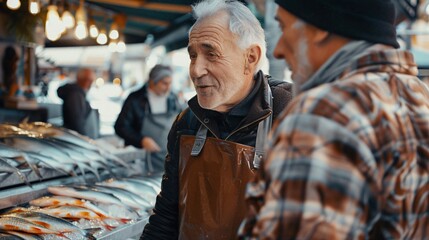 A senior man chatting with a fishmonger while choosing seafood at a bustling fish market