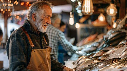 A senior fishmonger while choosing seafood at a bustling fish market