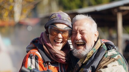 A senior couple smiling and enjoying a fun-filled paintball game together