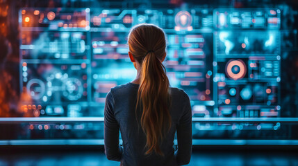 Woman Interacting with Digital Screens, Technology and Information Network, Modern Business Concept