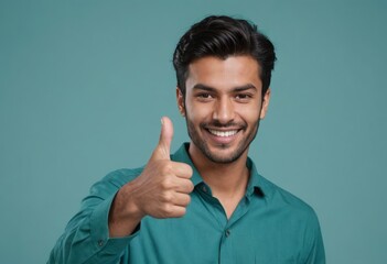 Happy young adult male in teal shirt giving a thumbs up sign. Blurred blue background highlights the person.
