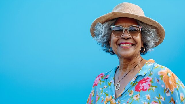 A Smiling Older Black Woman Wearing A Sunglasses Hat And A Colorful Floral Shirt On A Blue Background