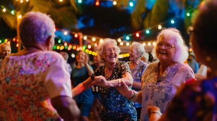 A group of seniors smiling and tapping their feet to the rhythm of live music at an outdoor concert