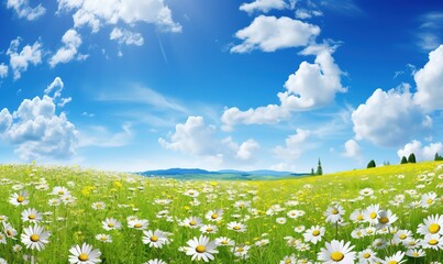 Beautiful, sun-drenched spring summer meadow. Natural colorful panoramic landscape with many wild flowers of daisies against bright orange sun in sunset sky.
