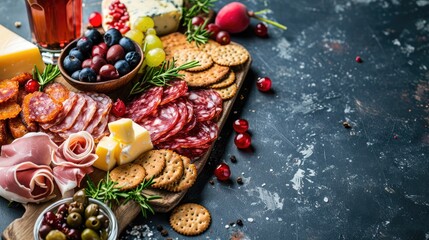 Savor the Moment: Exquisite Charcuterie Wooden Board Featuring an Abundance of Cured Meats, Cheeses, and Fresh Fruits, Crafted for an Unforgettable Culinary Experience. Empty background. Copy space.