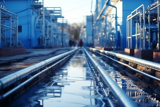 Gas pipelines, valves at distribution station under blue sky, industrial image with space for text