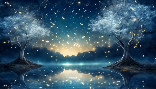 Alberi Bianchi della Vita- Concetto di Meditazione e Relax con Lucciole Dorate in un Cielo Notturno Blu Mistico, Illuminato dalla Luce Lunare su Fiume o Lago