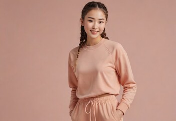 Obraz premium Woman in peach sweatshirt standing casually. Neutral expression, simple style.