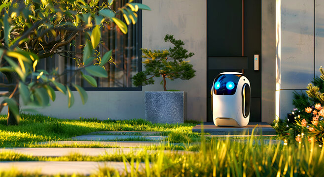Modern delivery courier robot at the doorstep with a green lawn and stylish facade in neutral tones. Ideal for concepts of smart homes, tech-driven deliveries, and contemporary living.