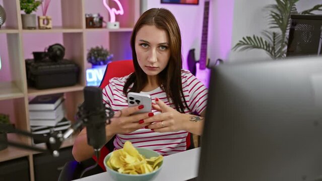 Confident young brunette girl uses smartphone in gaming room, pointing finger at camera, giving you a serious look, signaling you're her chosen one.