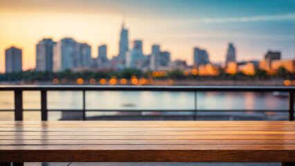 The wooden table on a blurred cityscape background on a beautiful sunny day, can be used to display...