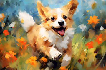 Cute puppy plays in a flower meadow. Oil painting in impressionism style.