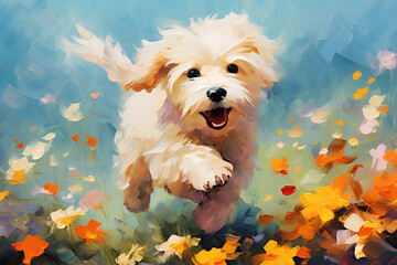 Cute puppy plays in a flower meadow. Oil painting in impressionism style.
