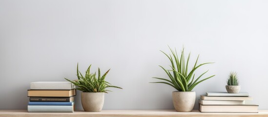 A wooden shelf filled with various books and potted plants. The books are neatly arranged next to the green foliage of the plants, creating a harmonious display.