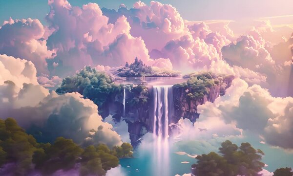 Floating island with waterfalls among clouds. The concept of utopia or a soaring world.