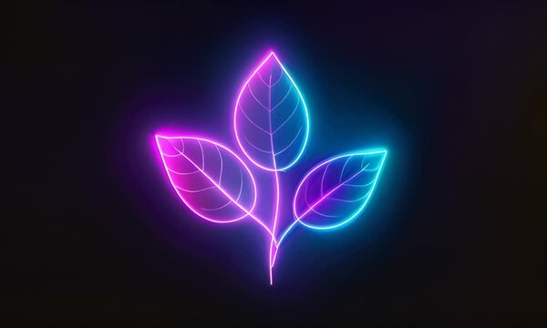Neon outline of a leaf on a dark background. The concept of technology and nature.