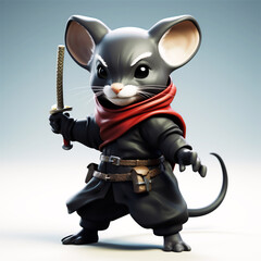 Cartoon mouse, ninja, samurai in 3D. Mouse warrior character slashes with a sword. Standing in the lead role. Ideal for posters and designs.