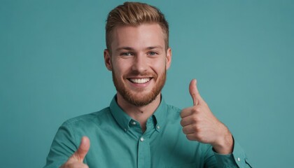 A bearded man in a teal shirt giving a thumbs up with a joyful smile. His casual look exudes friendliness and approval.