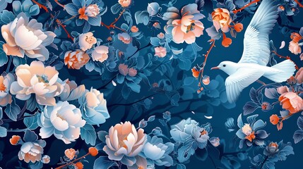 Hybrid tea rose flower painting on blue background - obrazy, fototapety, plakaty