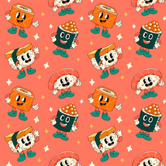 Cheerful Cartoon Sushi and Sashimi Characters Pattern.