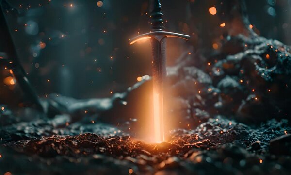 Sword embedded in the ground amidst sparks. The concept of battle and mysticism.