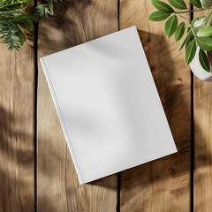 White Blank book cover mockup template for your book cover design, hardcover mock up of top view empty book on wooden desk.