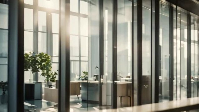 sunlight filters through the window of a office rooms through  modern architecture, illuminating the collaborative but individual environment