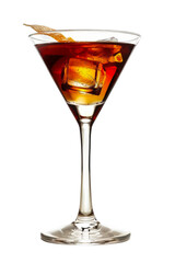 A glass filled with a Manhattan cocktail and ice cubes, isolated on a white background. Alcoholic cocktail.