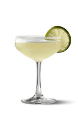 A margarita cocktail with a lime slice perched on the rim, set against a white background. Isolated. Alcoholic cocktail. - obrazy, fototapety, plakaty